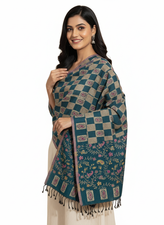 KRITI Floral Pattern Woolen Teal Color Stole For Girl