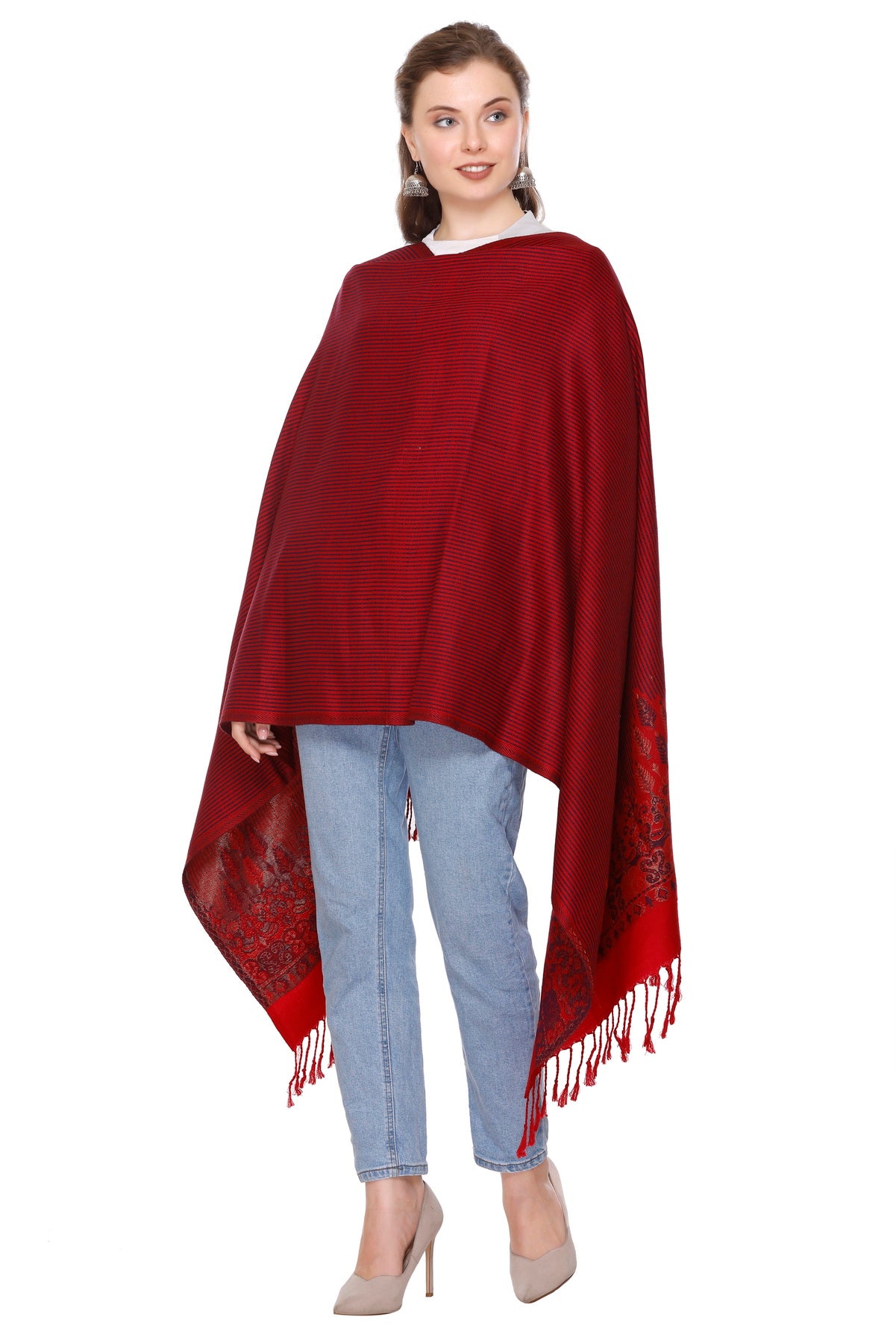 KRITI Woven Border Woollen Maroon Color Stole For Girl