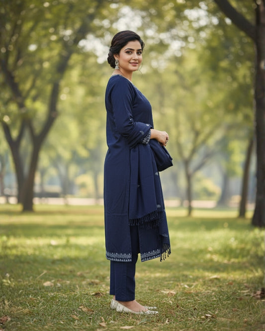 KRITI Woolen Embroidered Stitched Suit Blue Color For Women Winter