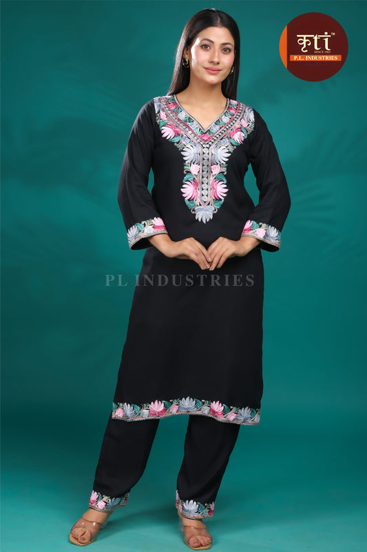 KRITI Floral Embroidery Rayon Cotton Cord Set Black For Women