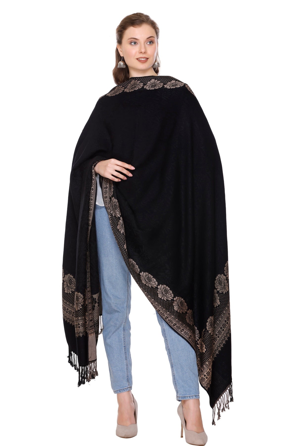 KRITI Black Wool Blend Shawl For Women.