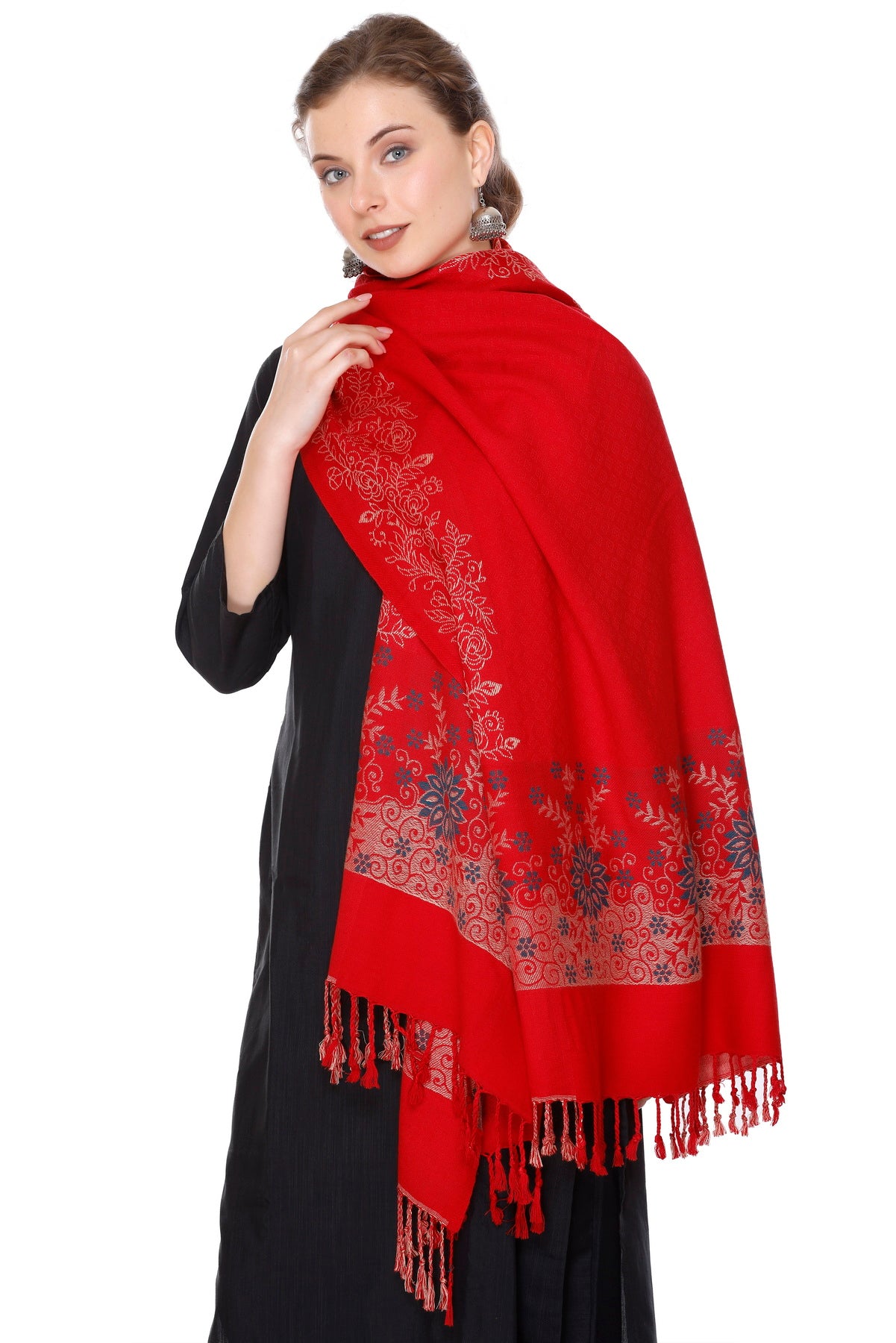 KRITI Floral Border Woollen Red Color Stole For Girl