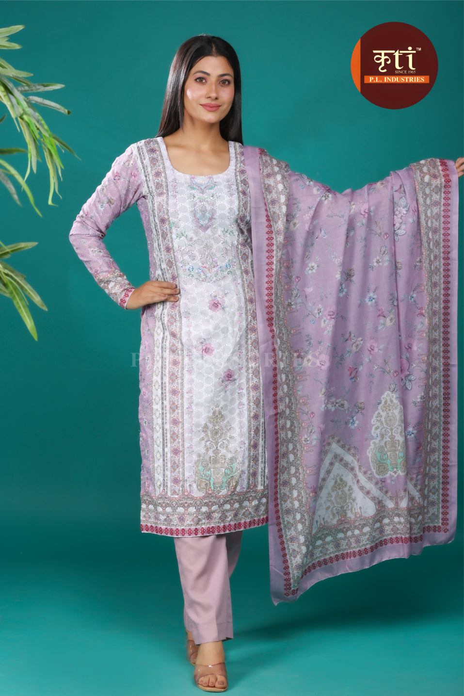 Kriti Light Purple Floral Charm – 3-Piece Unstitched Cotton Suit Set with Dupatta & Bottom