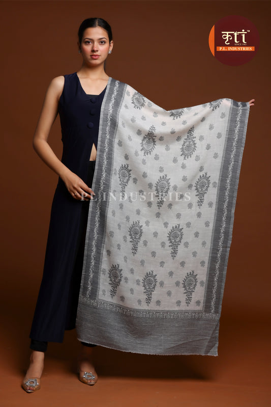 KRITI Luxury Floral Woven Fine Wool White and Grey Color Stole  For Girl