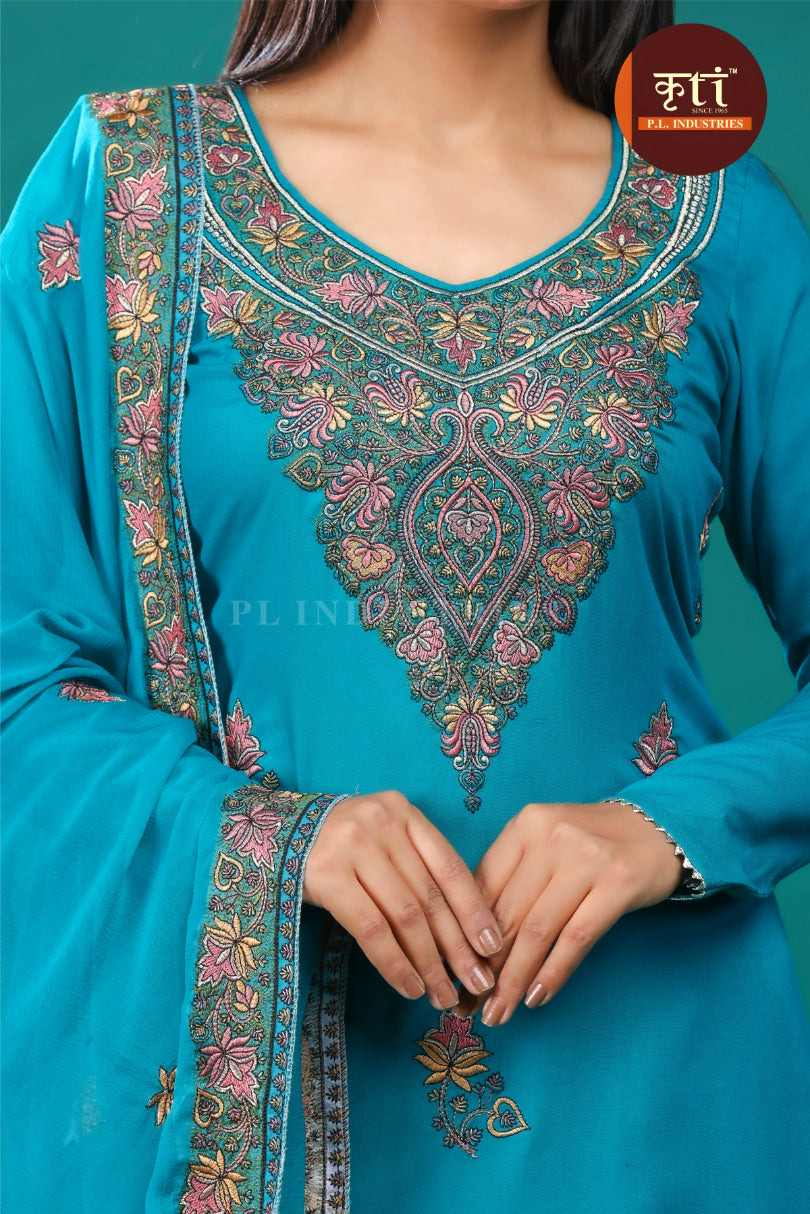 Kriti Timeless Blue Floral Unstitched Cotton Suit Set – 3-Piece with Top, Dupatta & Bottom