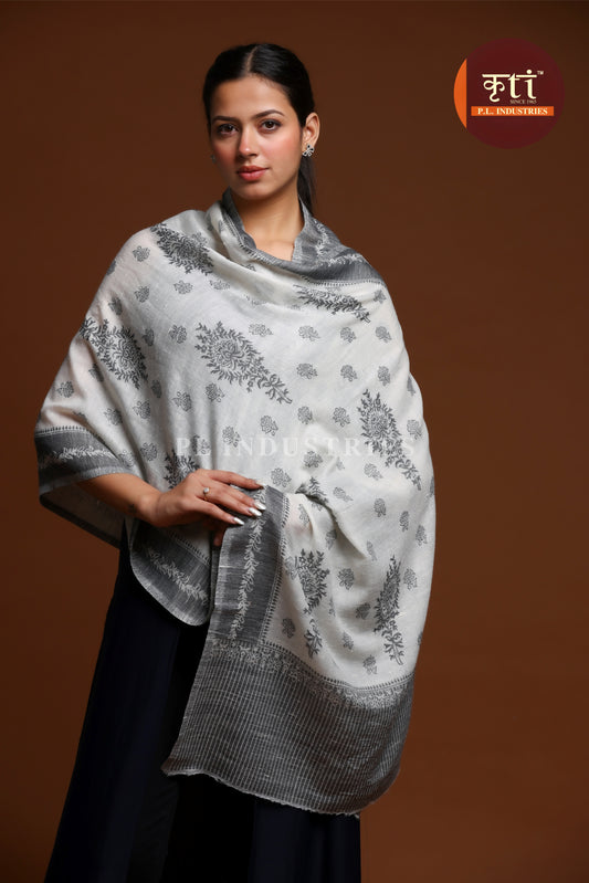 KRITI Luxury Floral Woven Fine Wool White and Grey Color Stole  For Girl