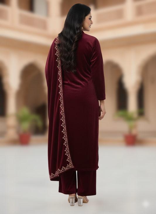 KRITI Winter Velvet 3 Piece Kurti Set Maroon Color For Women