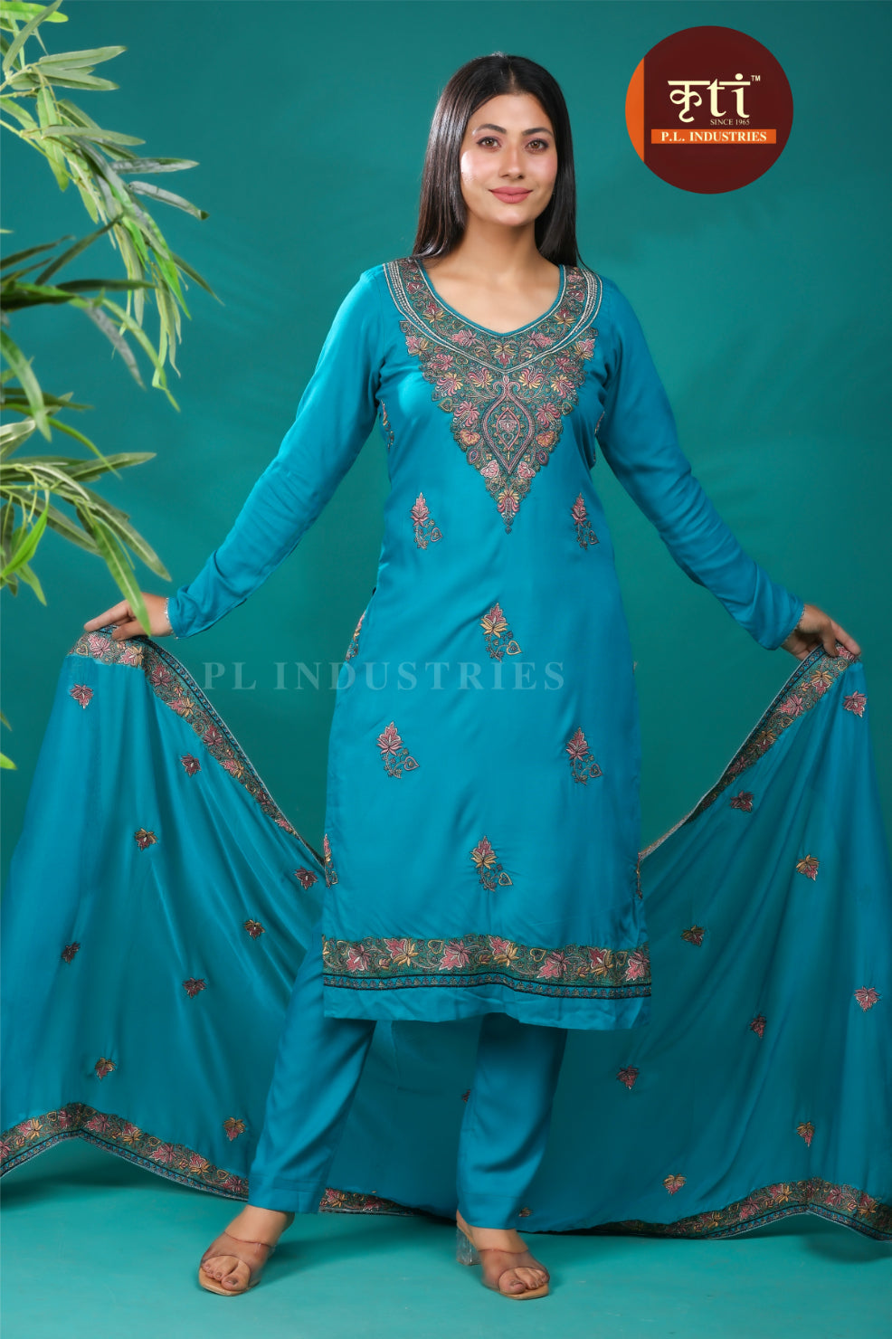 Kriti Timeless Blue Floral Unstitched Cotton Suit Set – 3-Piece with Top, Dupatta & Bottom