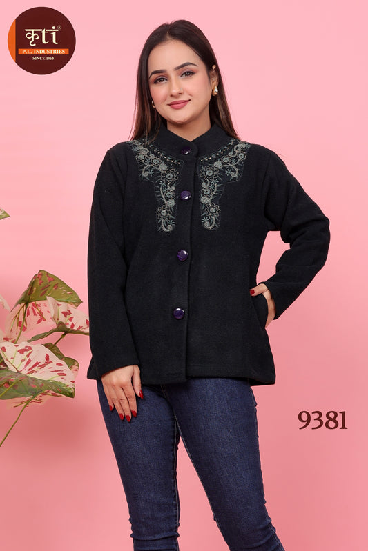 KRITI Premium Embroidery Tweed Fabric Coat Black Color  For Women