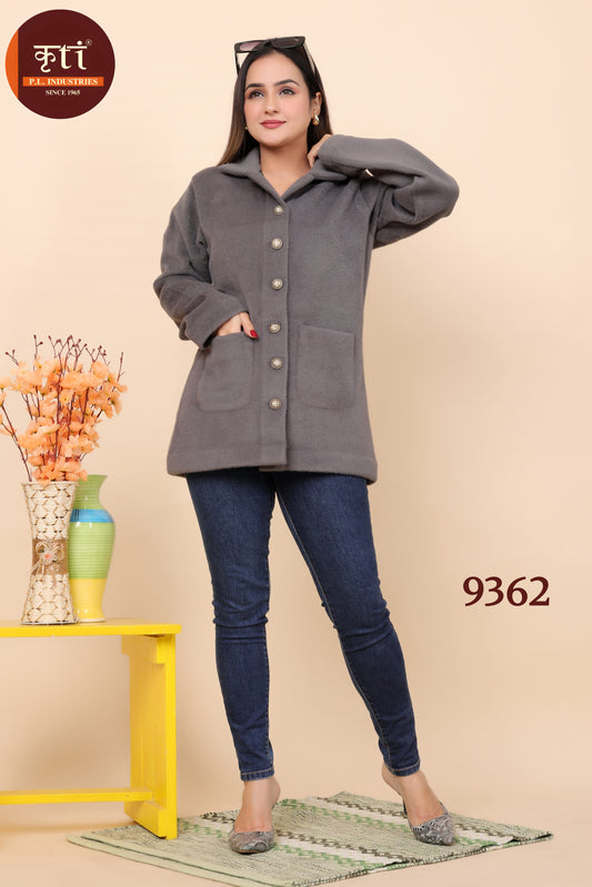 KRITI Plain Design Woollen Winter Button Long Coat Grey Colour Women
