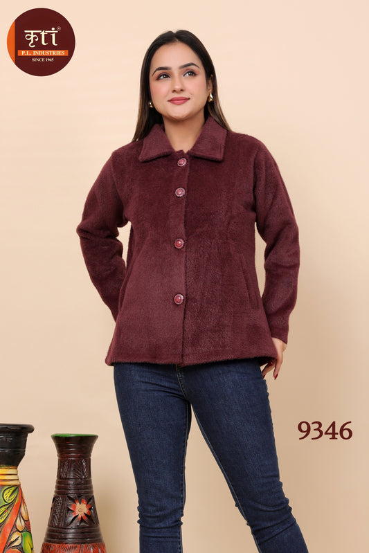 KRITI Plain Design Hair Winter Button Short Coat Maroon Color For Women