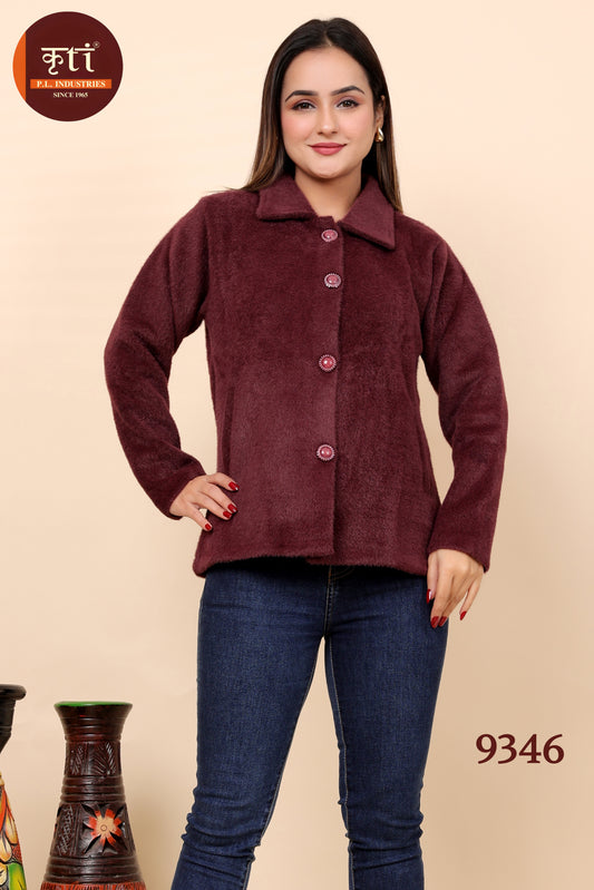 KRITI Plain Design Hair Winter Button Short Coat Maroon Color For Women