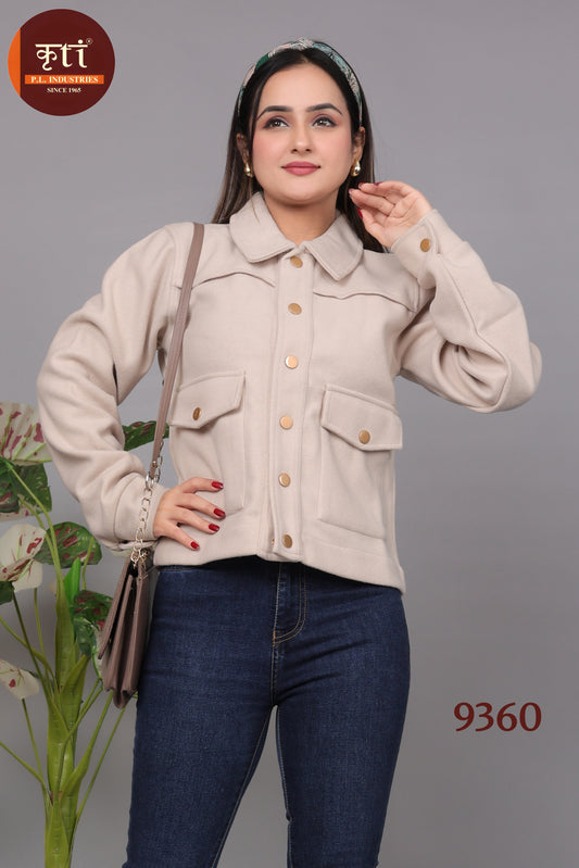 KRITI Winter Pocket Design Tweed Coat Beige Color For Women
