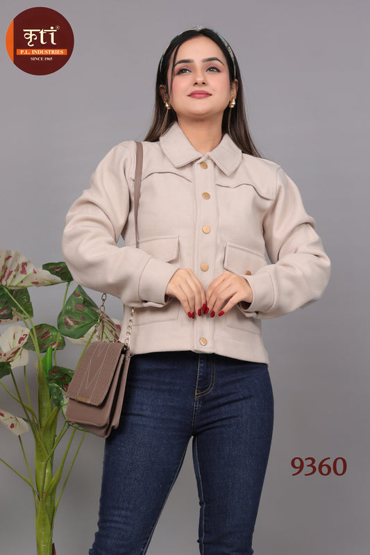 KRITI Winter Pocket Design Tweed Coat Beige Color For Women