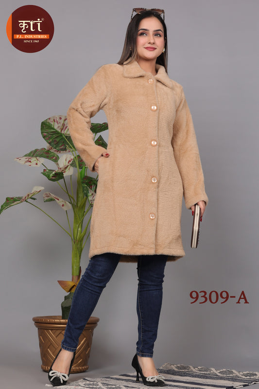 KRITI Button Design Hair Fabric Long Coat Beige Color For Women