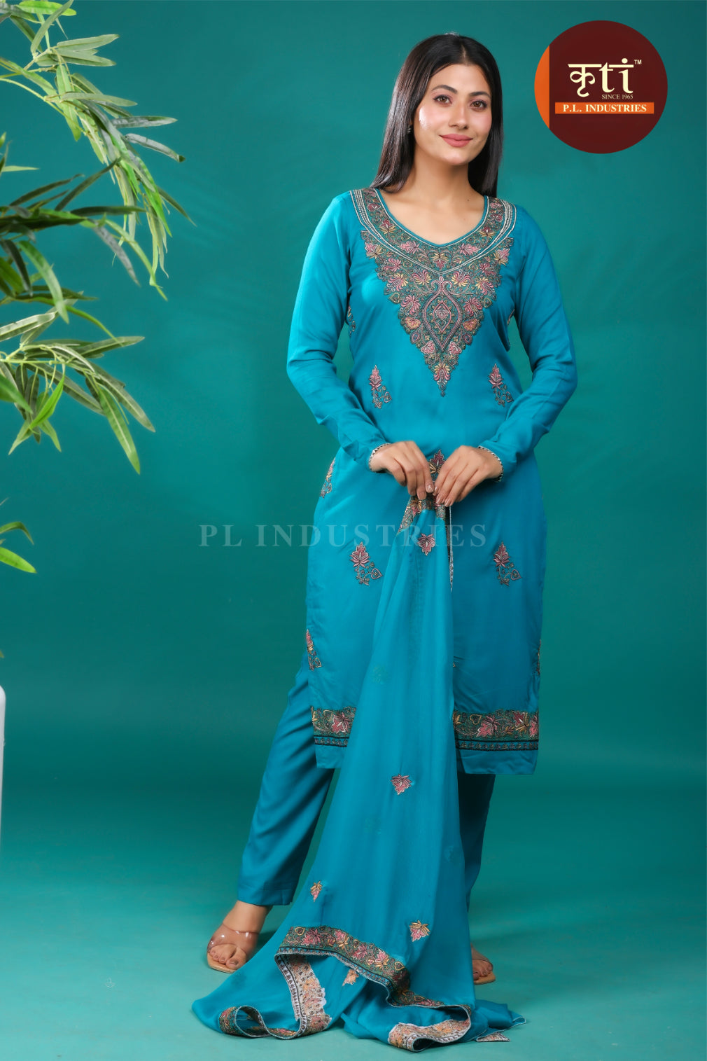 Kriti Timeless Blue Floral Unstitched Cotton Suit Set – 3-Piece with Top, Dupatta & Bottom