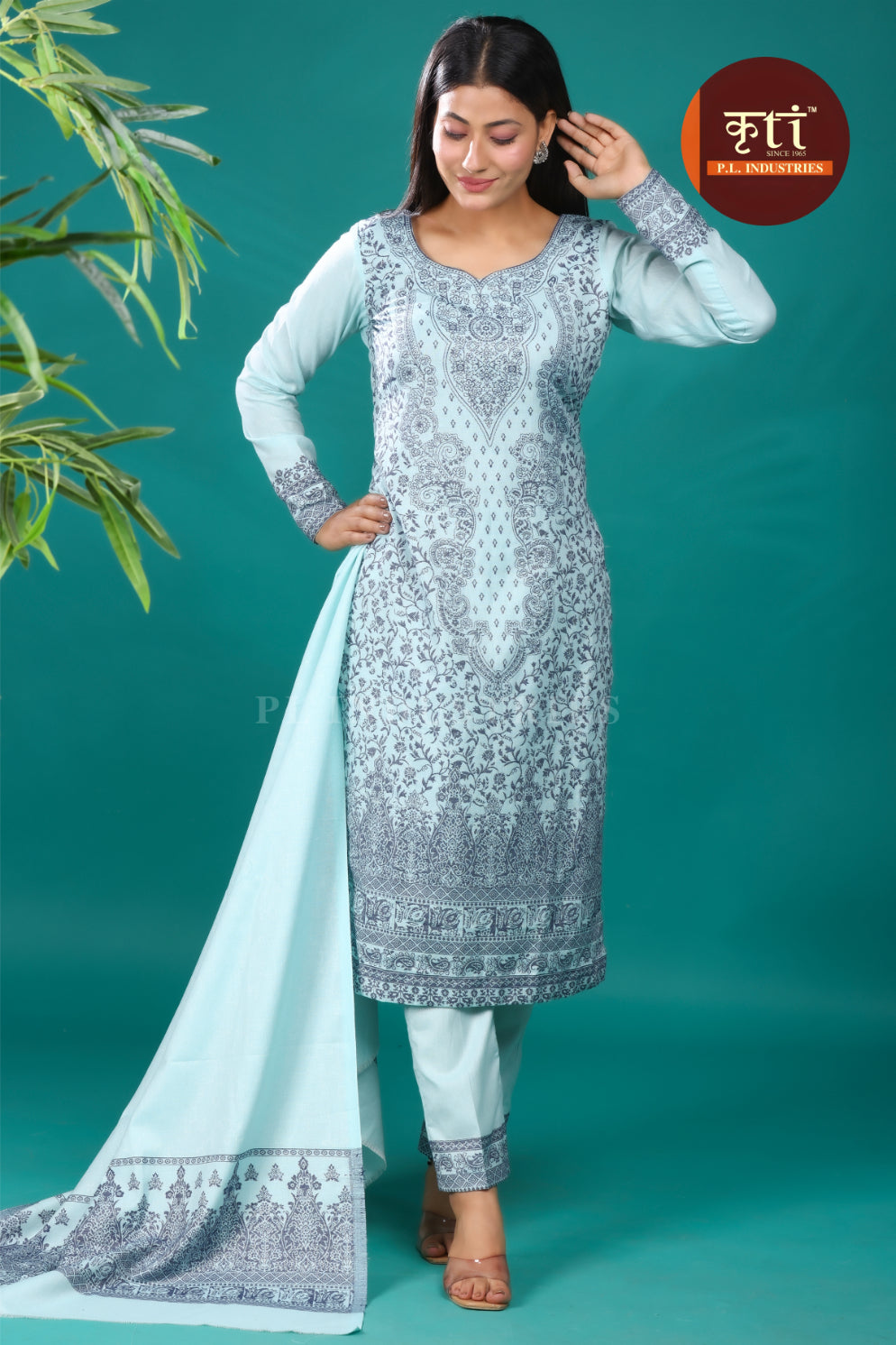 Kriti Sky Blue Blossom Unstitched Cotton Suit Set – 3-Piece Floral Elegance with Top, Bottom & Dupatta