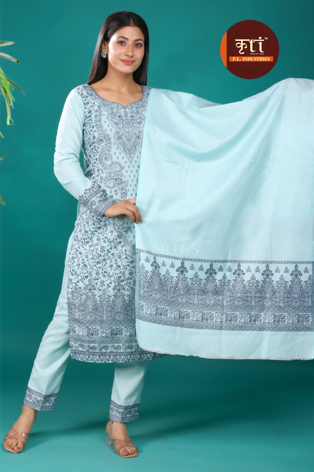Kriti Sky Blue Blossom Unstitched Cotton Suit Set – 3-Piece Floral Elegance with Top, Bottom & Dupatta