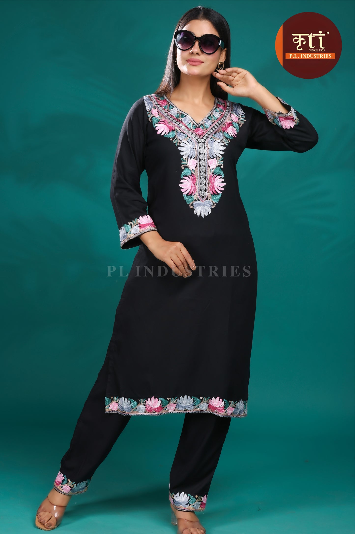 Black Rayon Cotton Co-ord Set with Intricate Floral Hand Embroidery | Premium Ethnic Wear by Kriti Free Size