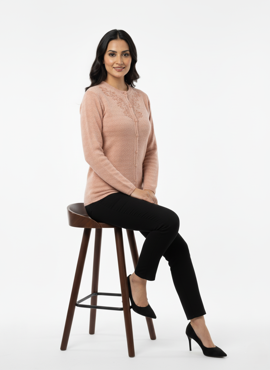 KRITI Winter Rainbow Embroidery Cardigan Peach Color For Women