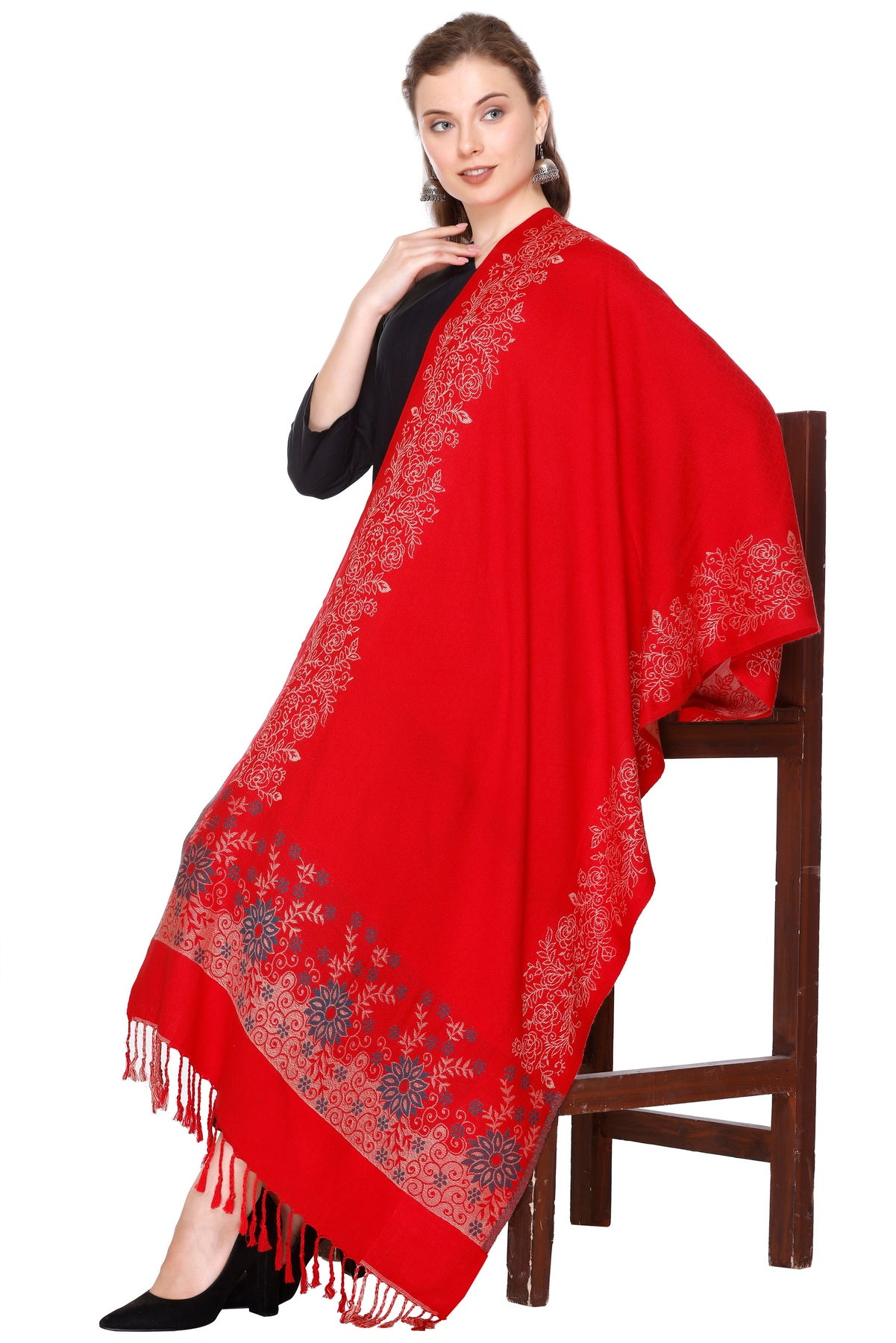 KRITI Floral Border Woollen Red Color Stole For Girl
