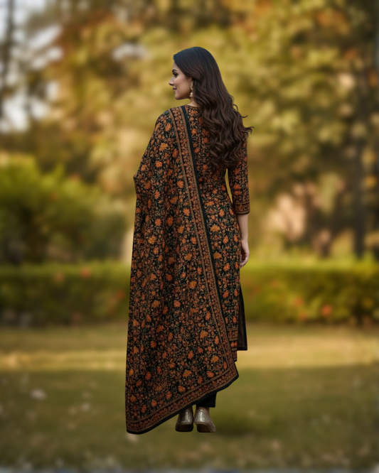 KRITI Winter Woolen Unstitched Suit Black And Orange Color For Women