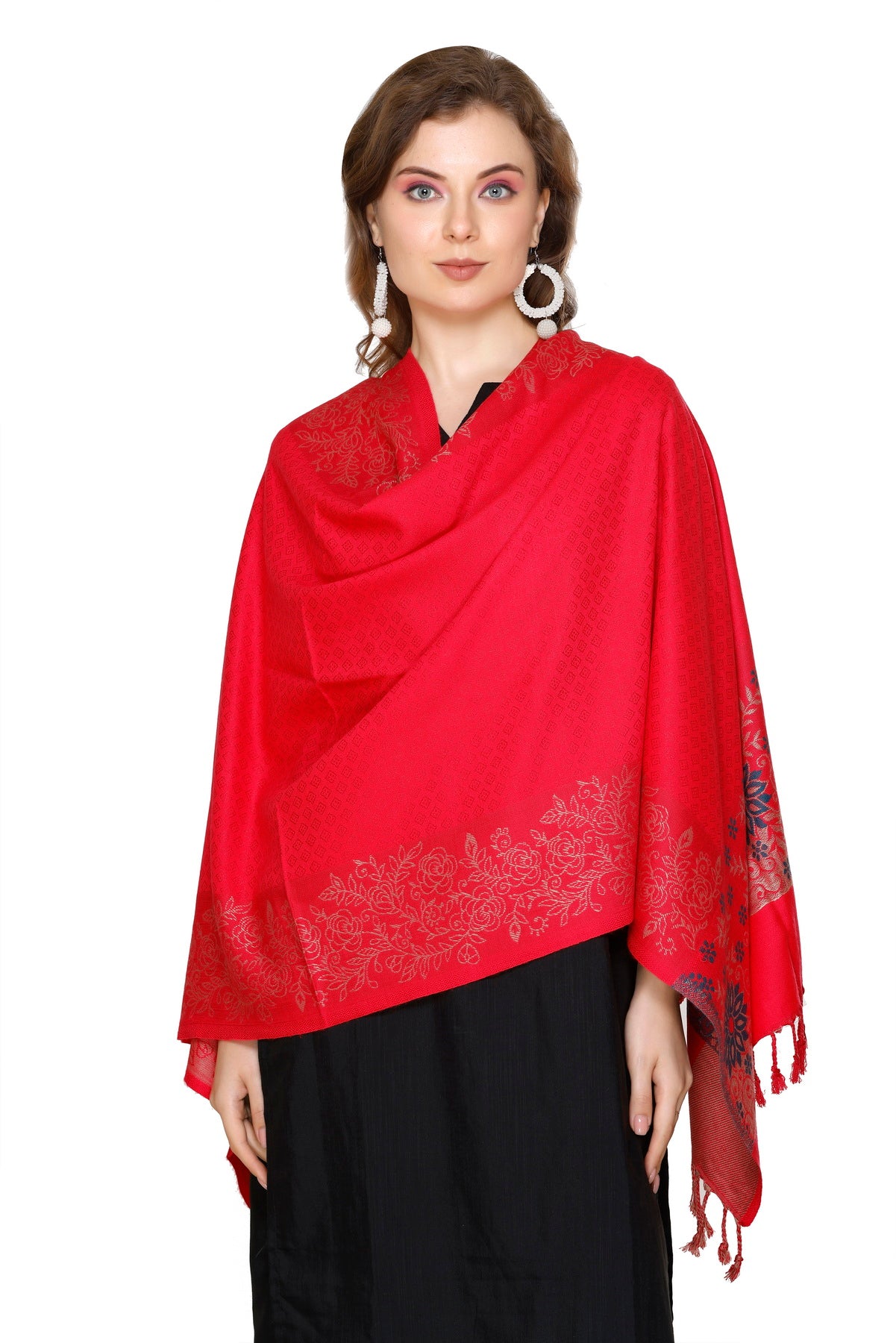 KRITI Fashion Floral Border Woollen Red Color Stole For Girl