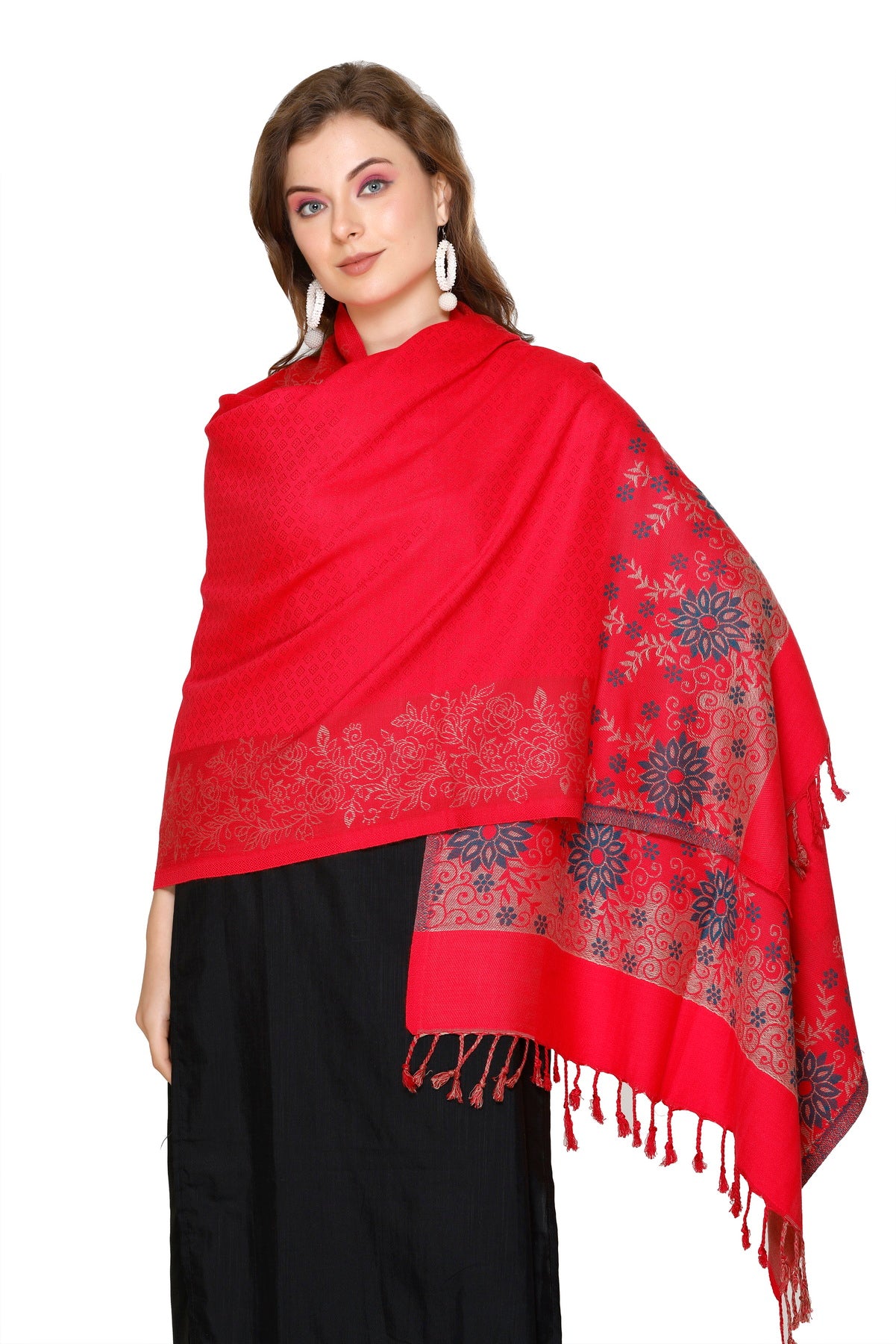KRITI Fashion Floral Border Woollen Red Color Stole For Girl