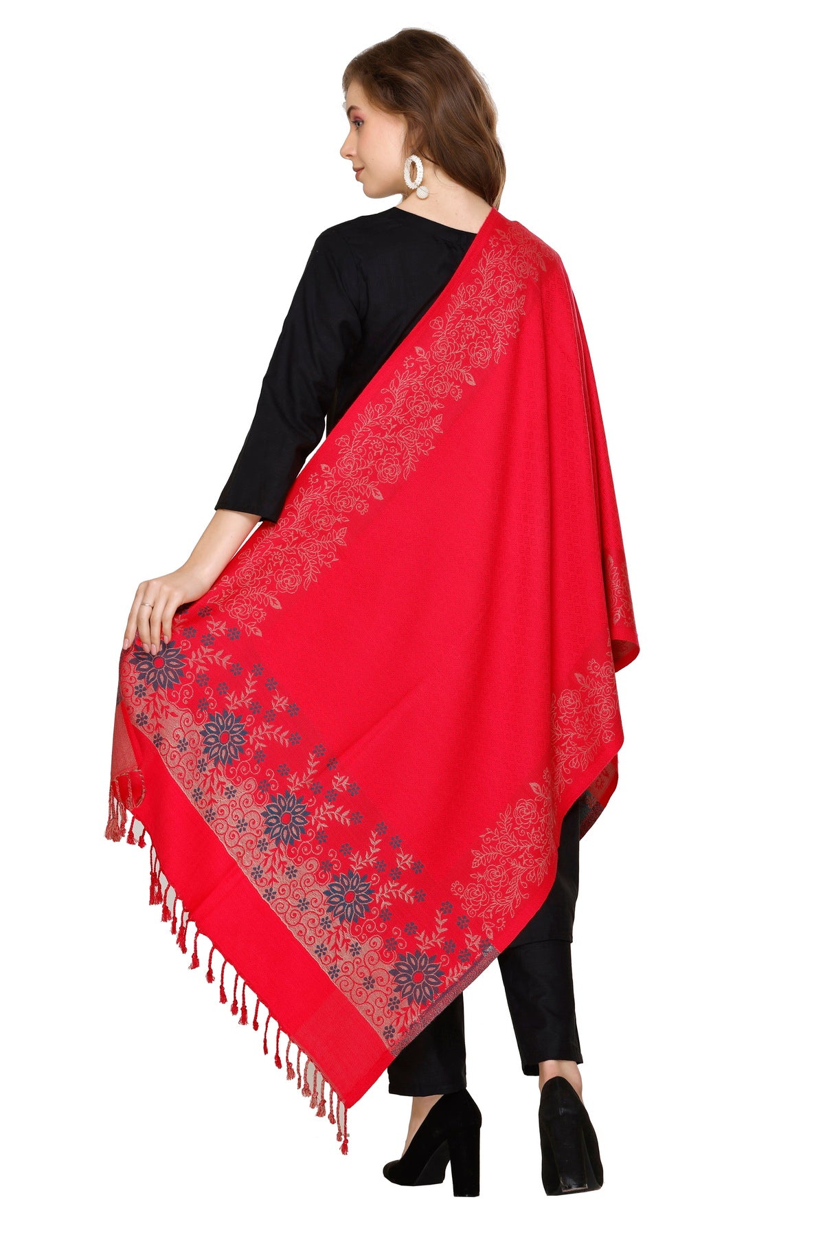 KRITI Fashion Floral Border Woollen Red Color Stole For Girl