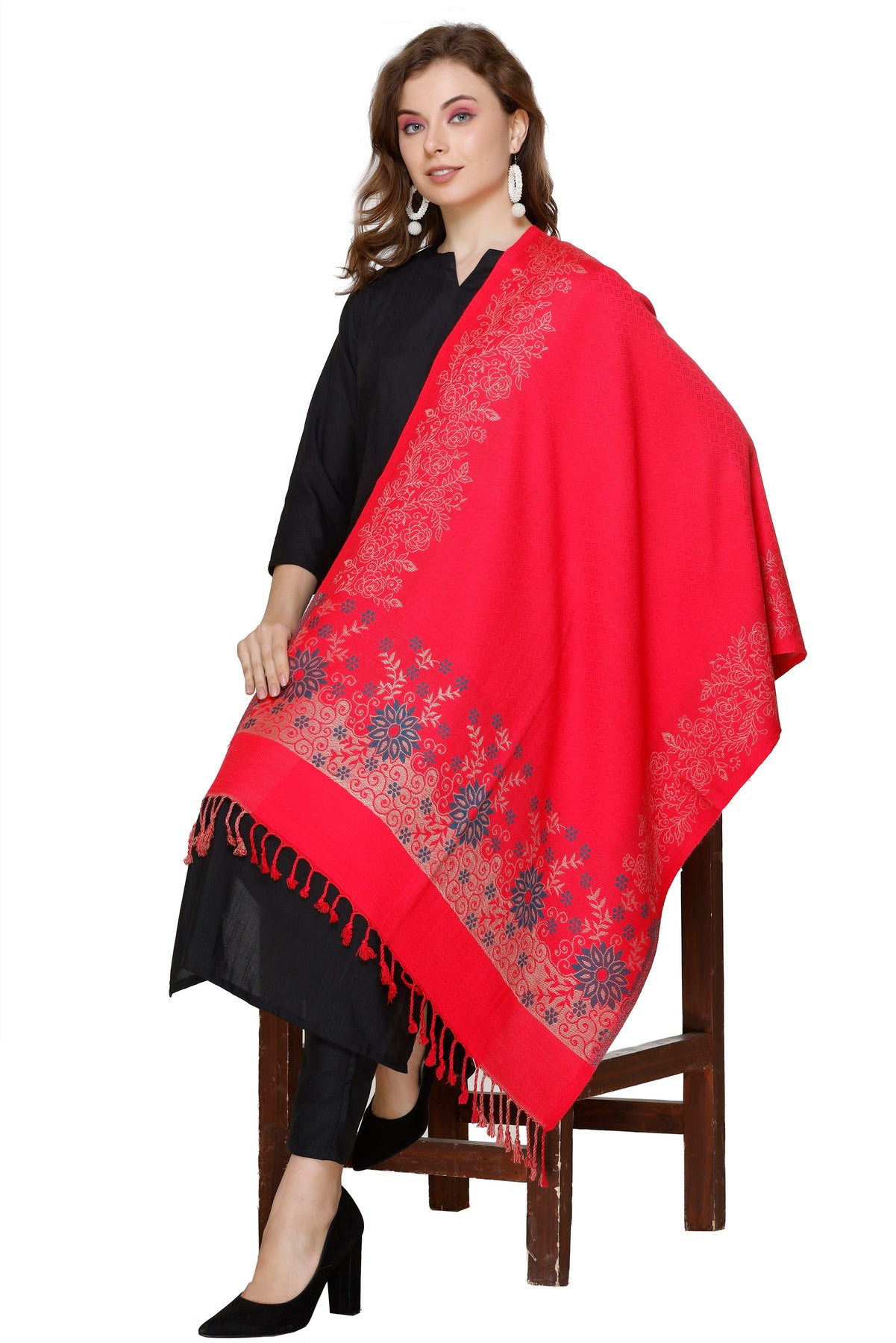 KRITI Fashion Floral Border Woollen Red Color Stole For Girl