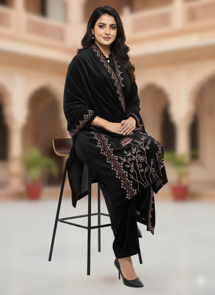 KRITI Winter Velvet 3 Piece Kurti Set Black Color For Women