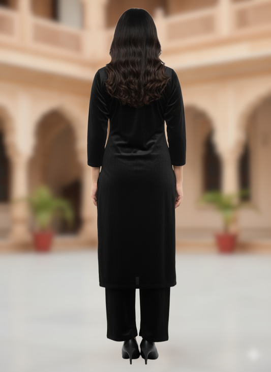 KRITI Winter Velvet 3 Piece Kurti Set Black Color For Women