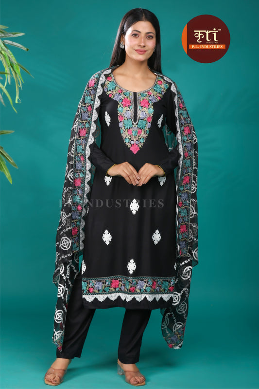 KRITI Floral Embroidery Rayon Cotton Suit With Dupatta Black Color Women