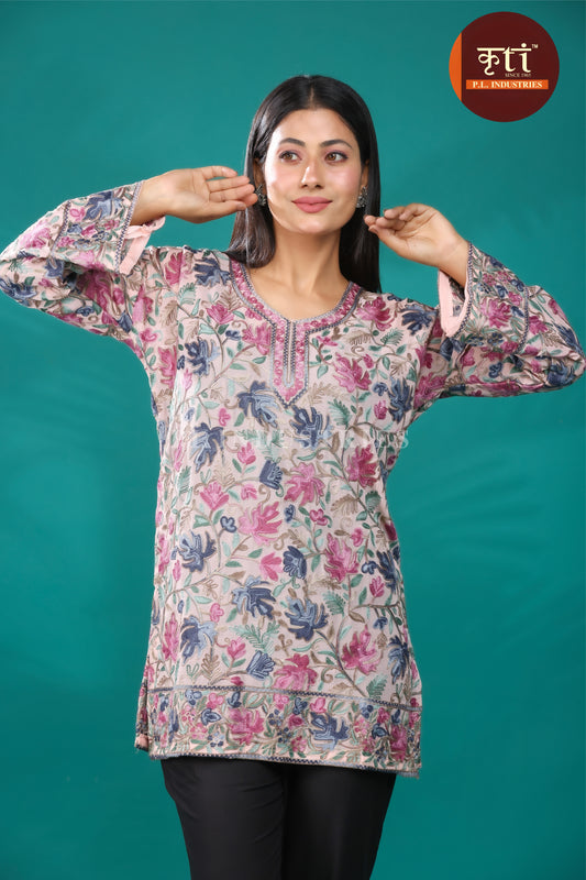 KRITI Floral Embroidery Rayon Cotton Kurti  Gray color For Women