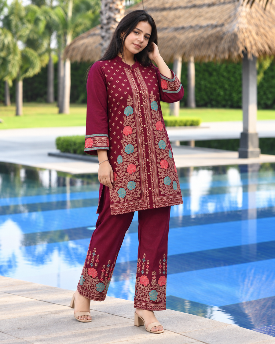 Winter Woolen Printed Cord Set - Wine