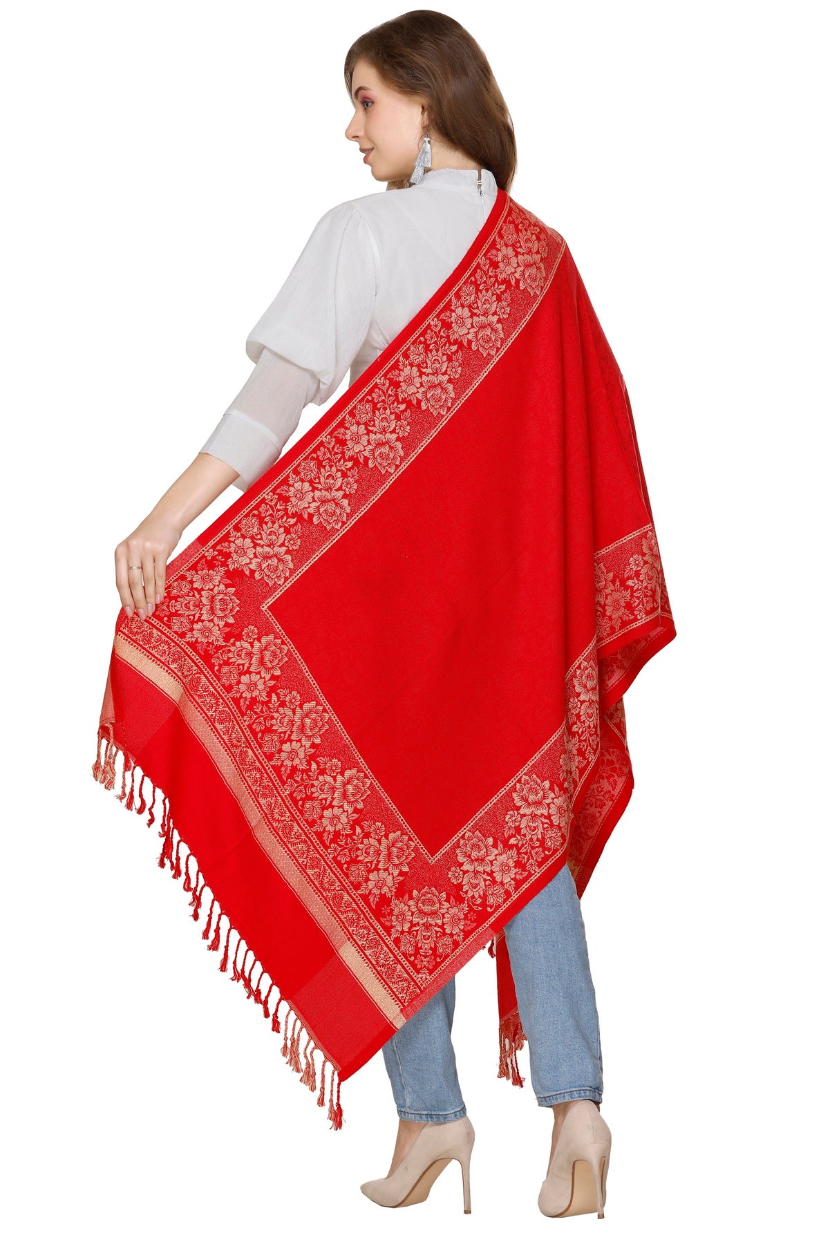 KRITI Floral Border Woollen Red Color Stole For Girl