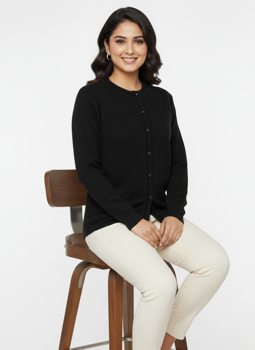 KRITI Winter Rainbow Embroidery Cardigan Black Color For Women