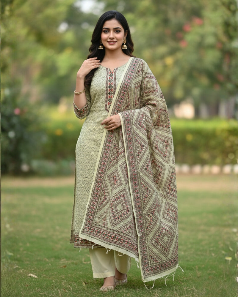 KRITI Women's Digital Print Woolen Lemon Green Color Unstitched Fabric Suit Set Winterwear