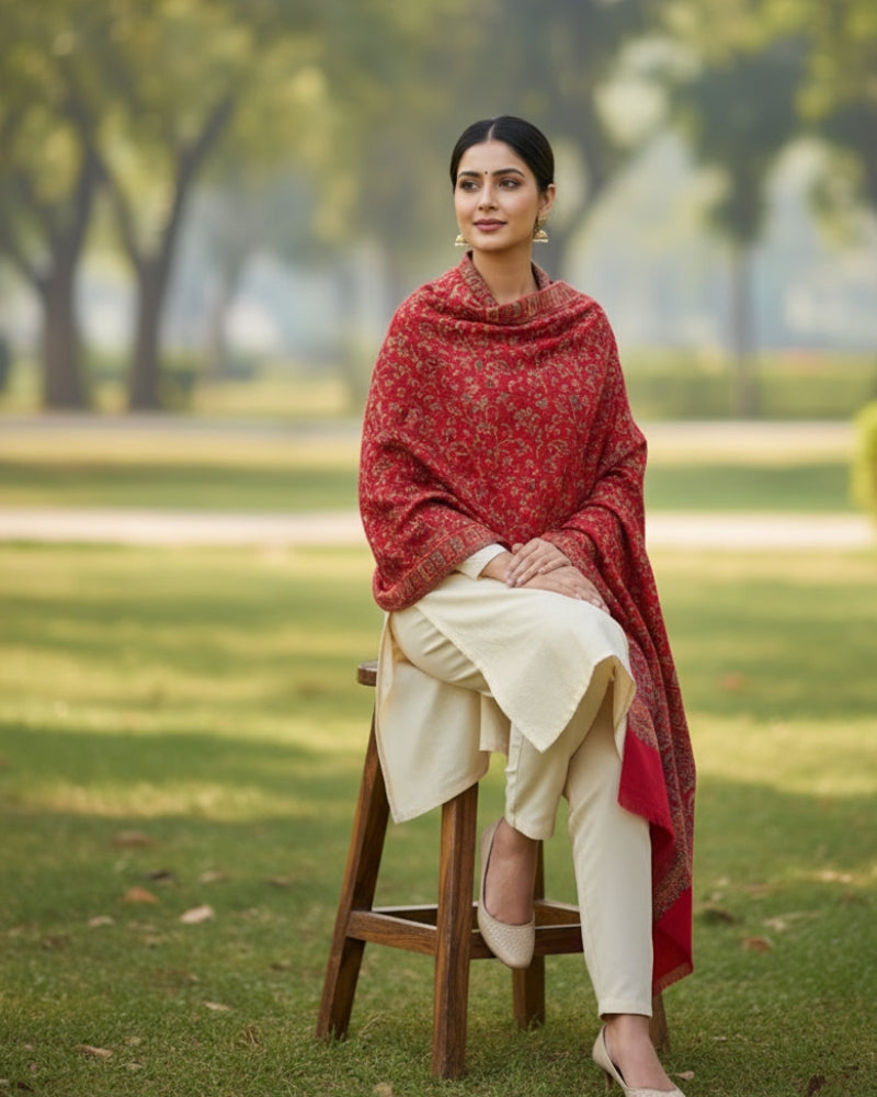 KRITI Floral Design Warm Woolen Maroon Color Shawl for Women