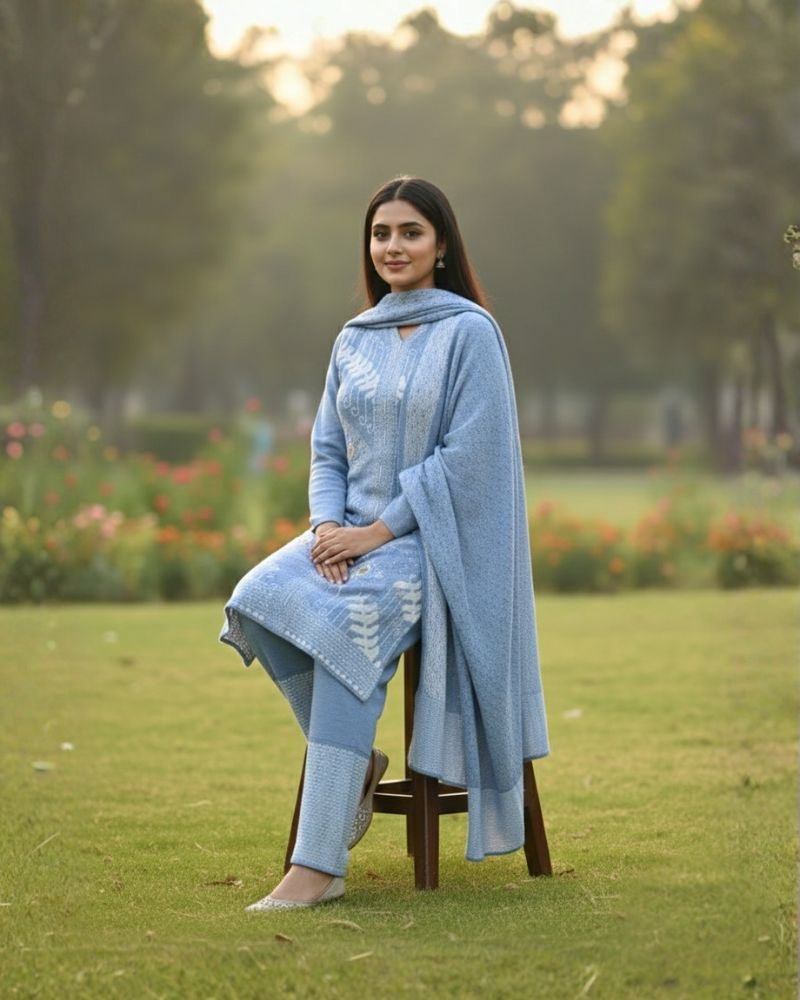 प्रीमियम 3-पीस ऊनी विंटर कुर्ती सेट | बॉटम और स्टोल के साथ बुना हुआ कुर्ता | M-XXL साइज़