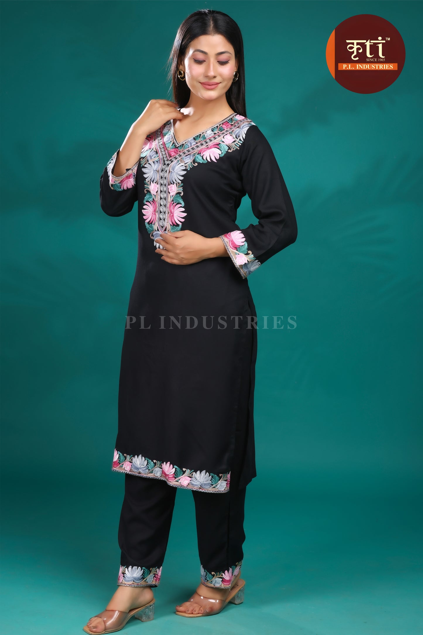 Black Rayon Cotton Co-ord Set with Intricate Floral Hand Embroidery | Premium Ethnic Wear by Kriti Free Size