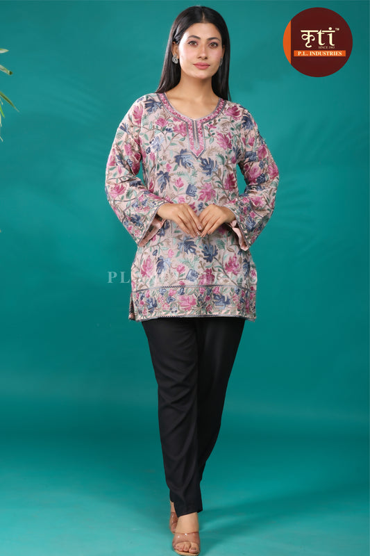 KRITI Floral Embroidery Rayon Cotton Kurti  Gray color For Women