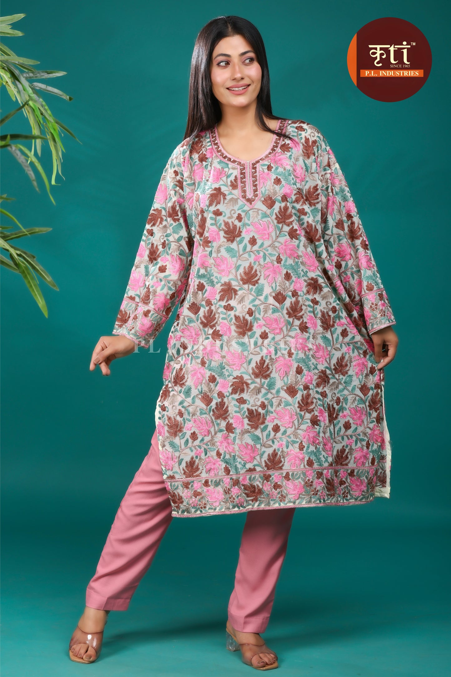 Blush Pink Embroidered Rayon Cotton Kurti – Premium Ethnic Wear by Kriti Free Size