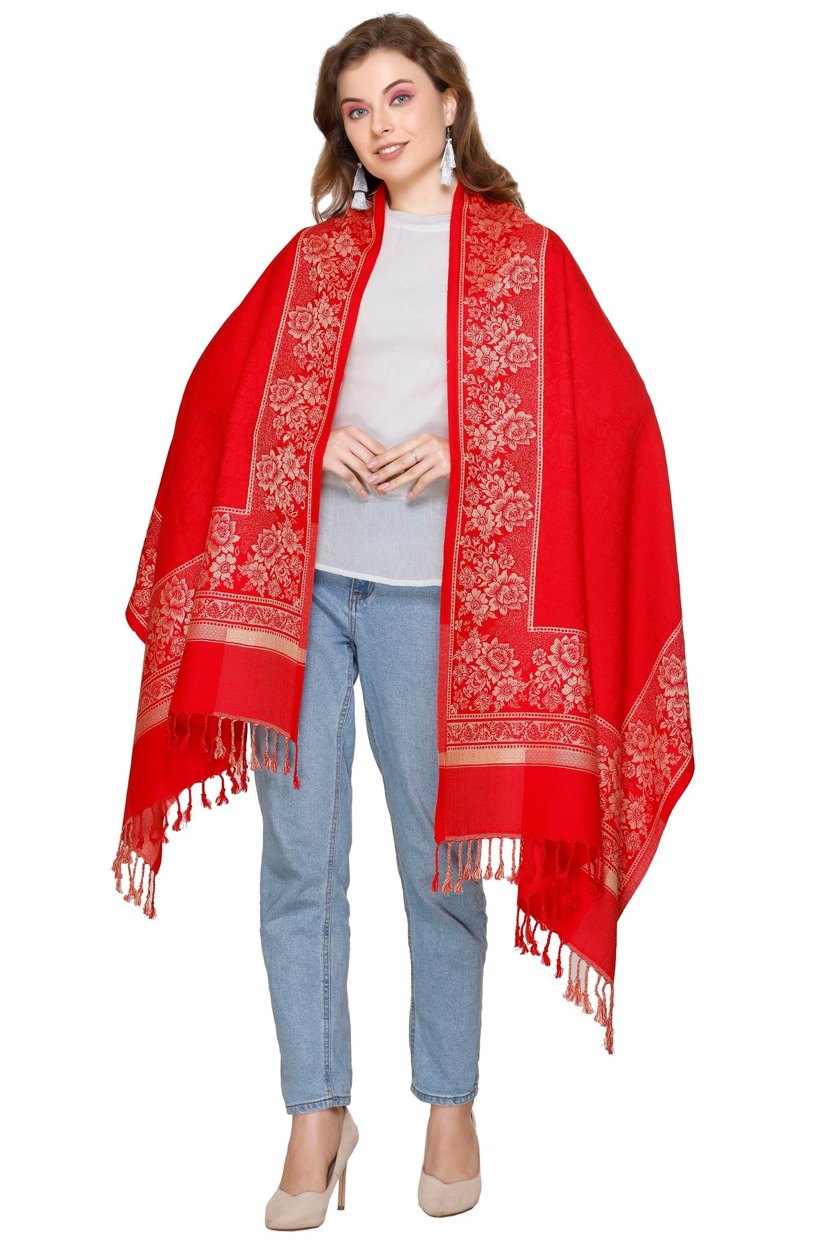 KRITI Floral Border Woollen Red Color Stole For Girl