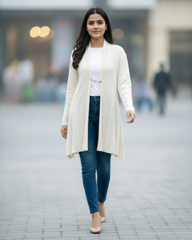 Winter Woolen Long Knitted Shrug - White