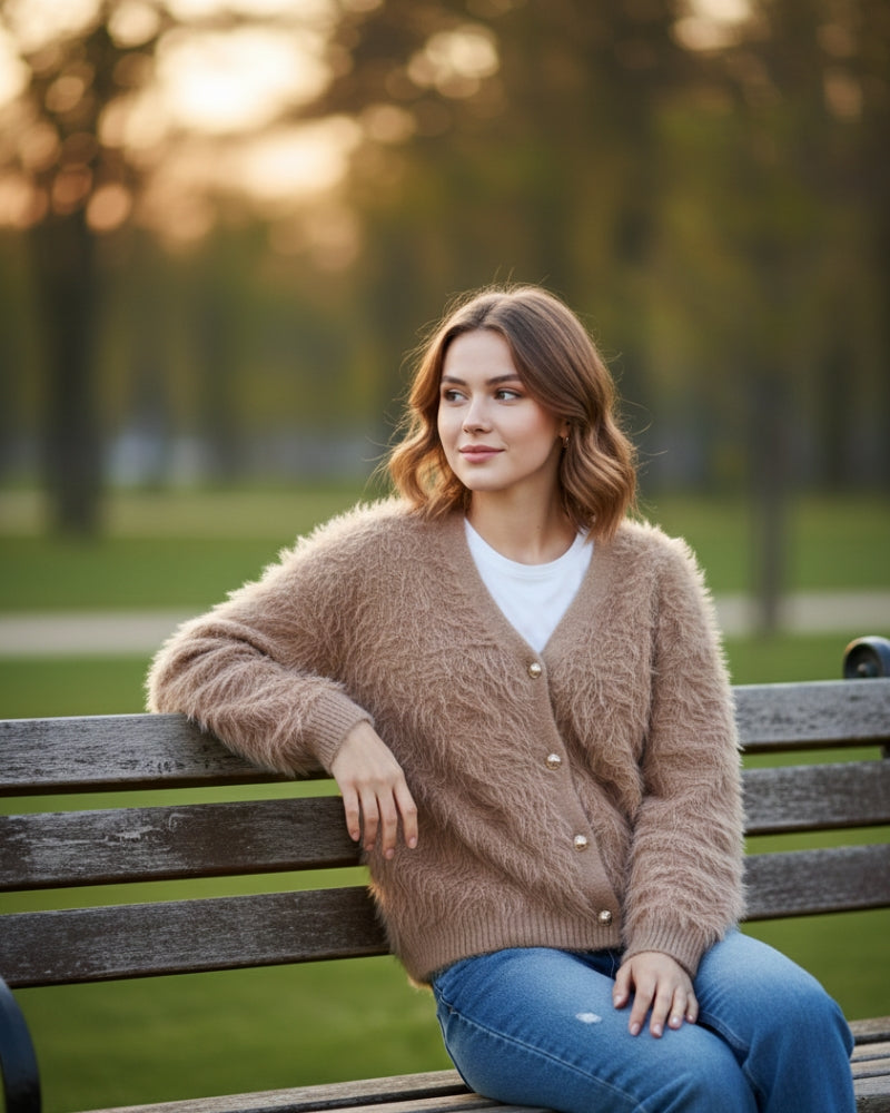 Women's Open Front Woolen Fluffy Top | Camel Oversized Fuzzy Shaggy Top | Long Sleeve & Loose Fit