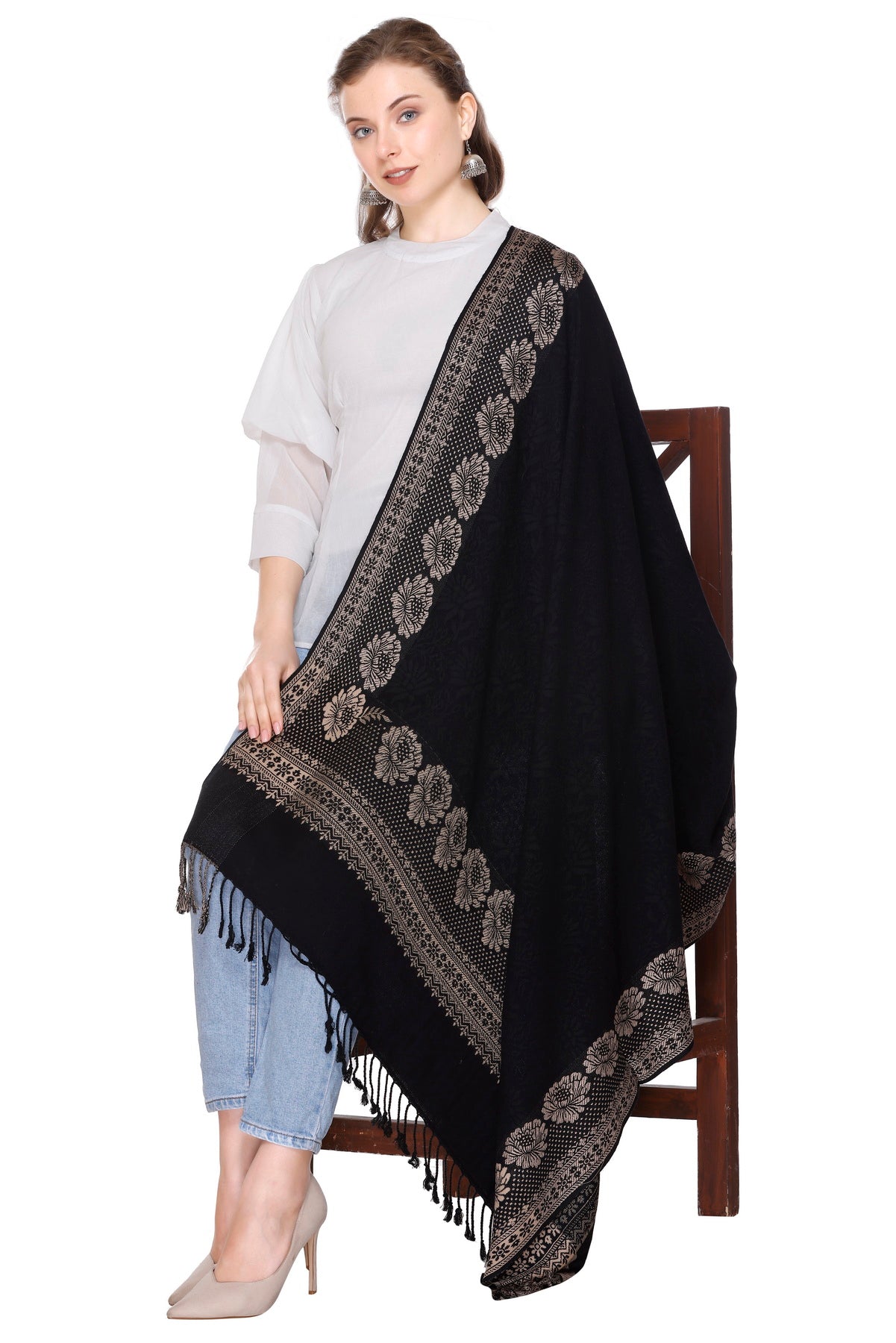 KRITI Black Wool Blend Shawl For Women.