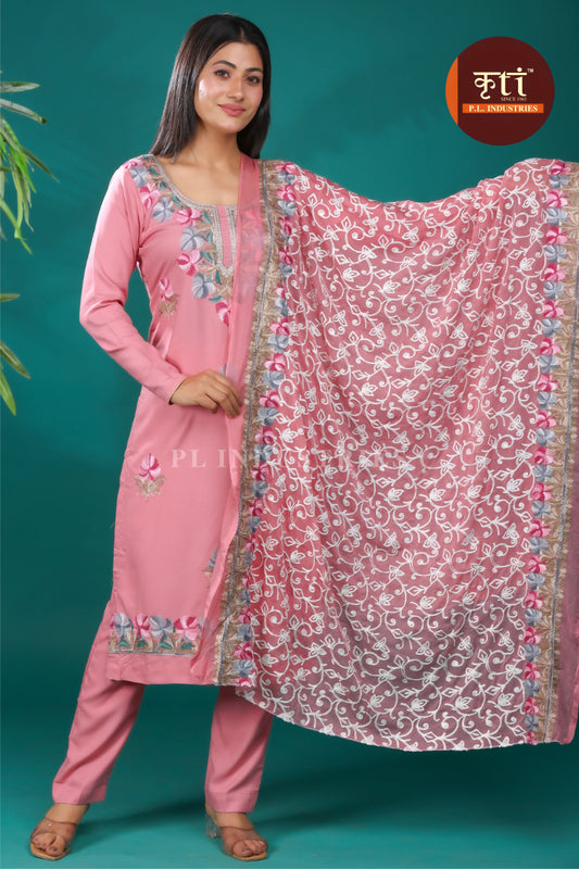 KRITI unstitched Floral Embroidery Rayon Cotton Suit  With Dupatta Pink Color For Women