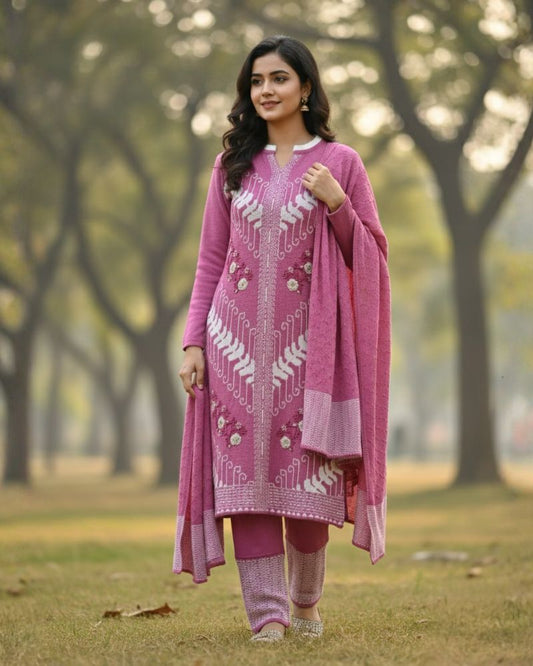 Premium 3-Piece Woolen Winter Kurti Set | Woven Kurta with Bottom & Stole | M-XXL Size