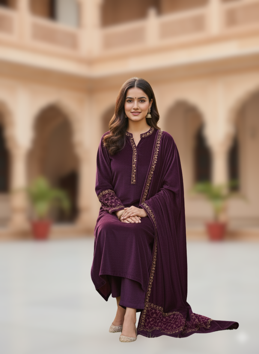 KRITI Winter Velvet 3 Piece Kurti Set Purple Color For Women